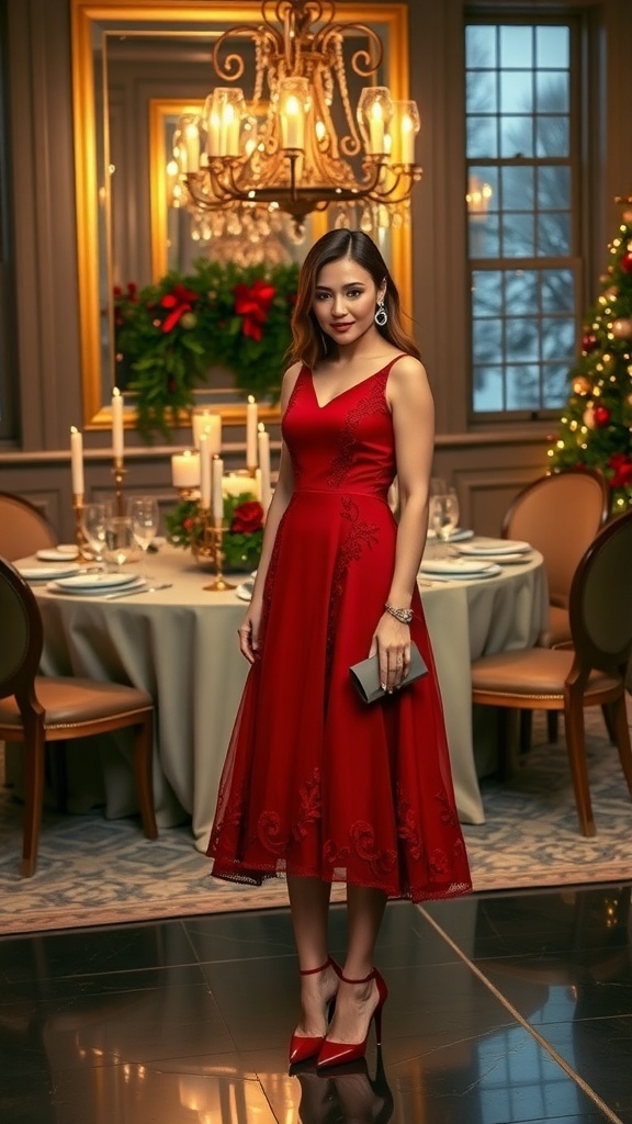 Classy Christmas Dinner Outfit Ideas A classy red midi dress with heels and accessories set against a festive Christmas dinner table.